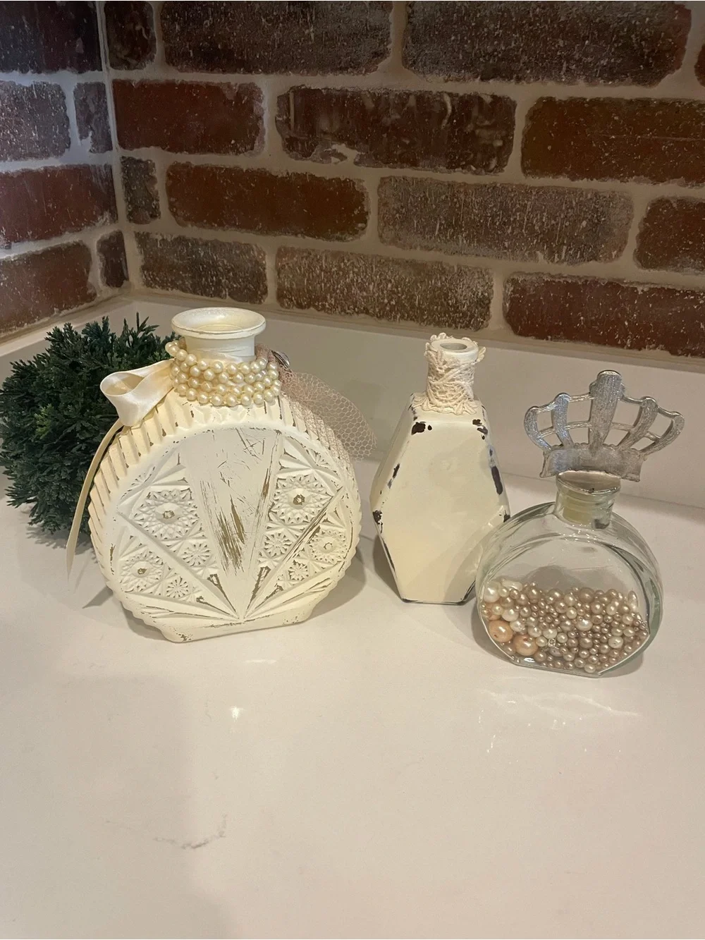 Decorative Cream Glass Bottles Set with Pearl and Crown Accents - Picture 3 of 3